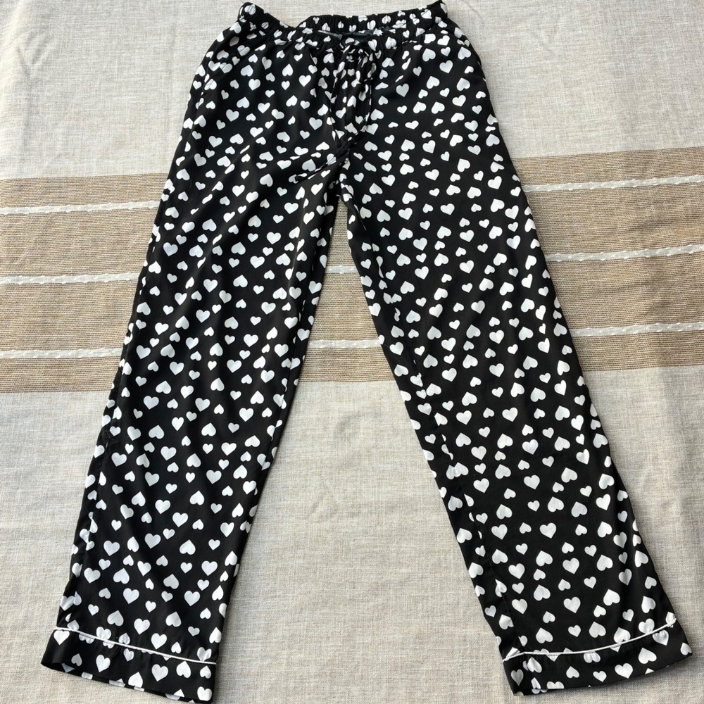 Tabitha Webb Sleepwear Black White Heart Print Pajama Pants Small Drawstring
